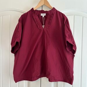 Anniewear NWT Women's Ruffle Boxy V Neck Short Sleeve Blouse Top Size S Burgundy